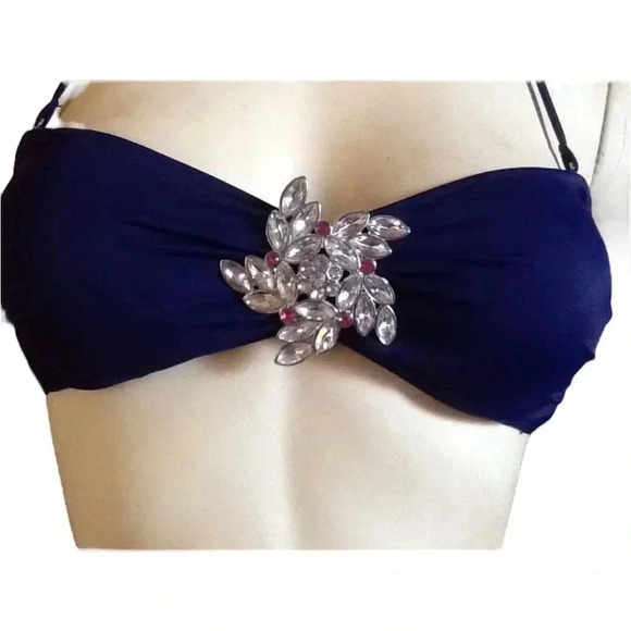 Victoria's Secret CRYSTAL BROOCH Bikini Top NAVY BLUE Bling Flower Accent medium - Picture 4 of 8